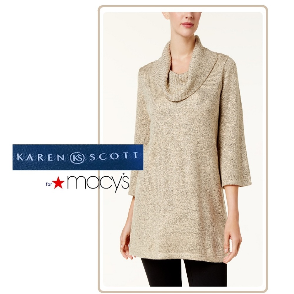 Cowl Neck 3/4 Sleeve Tunic Soft Knit Sweater Sz Lg